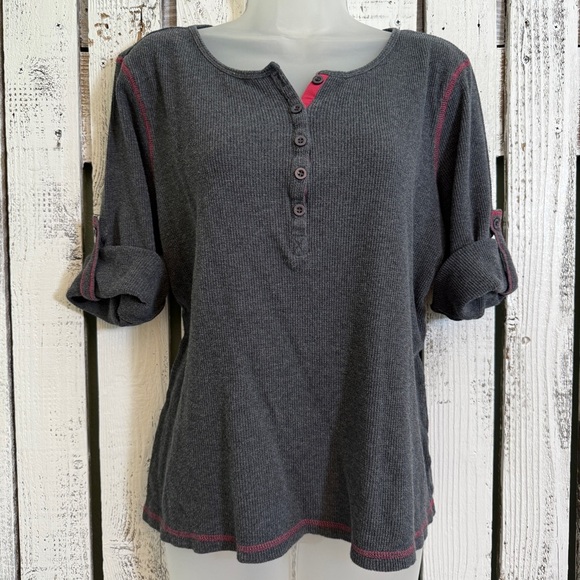 Unavailable-Saks Fifth Avenue Gray Henley Waffle Knit Thermal Top Women XL R - Picture 1 of 10